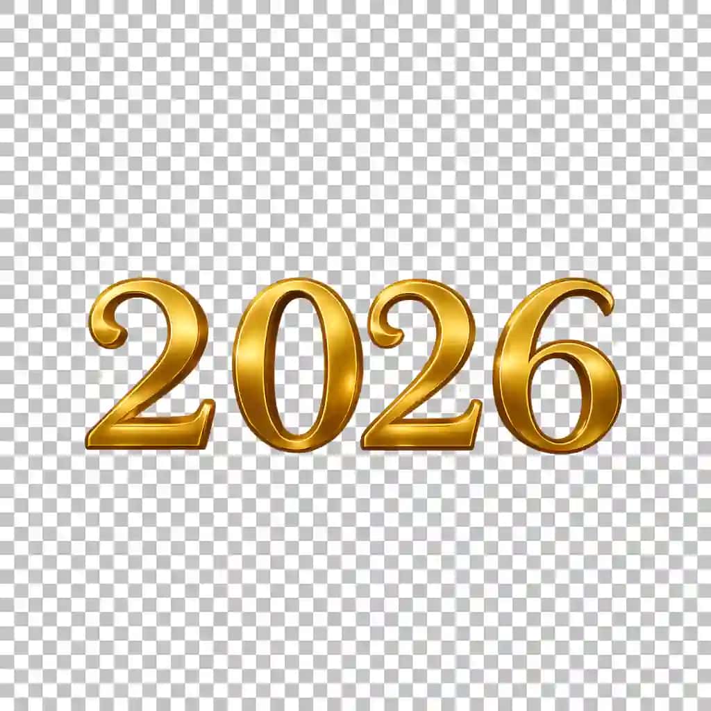 Oltin 2026 yil matni izolyatsiya qilingan shaffof fon | Golden 2026 year text isolated transparent background