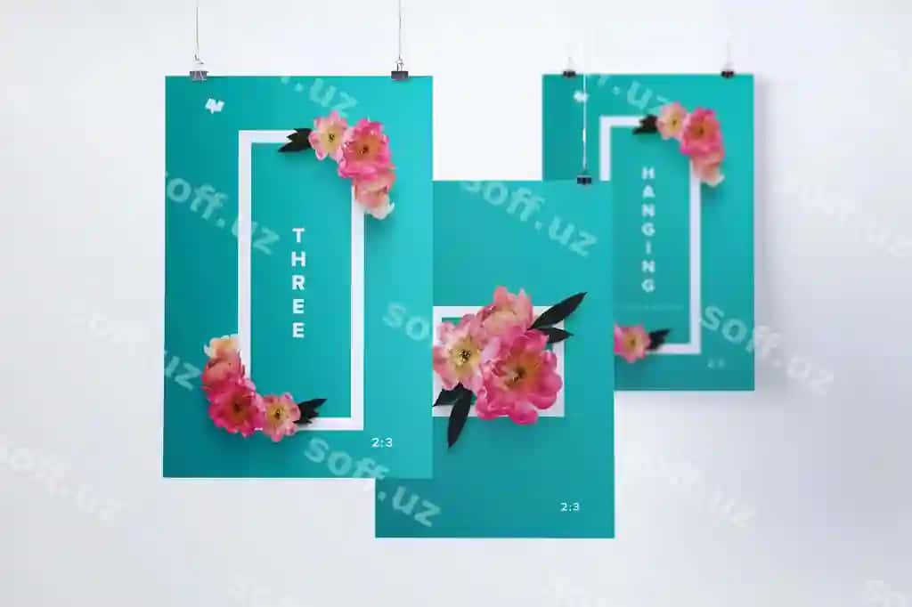 Uch asosilgan plakatlar namunasi | Three hanging posters mockup