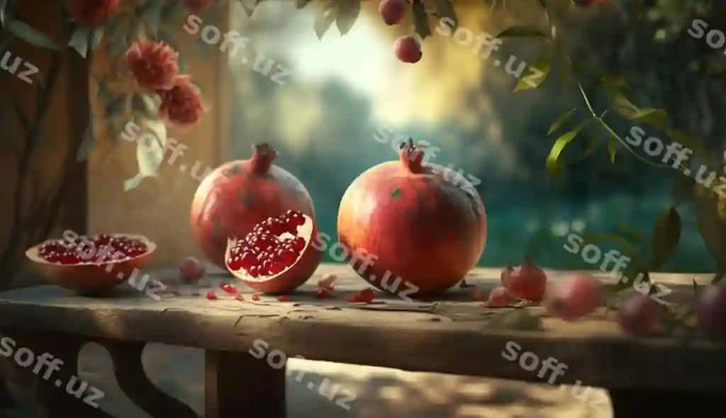 Oldingi shox oʻrgatilgan HD anorlar yogʻochli stol orqa fonda bogʻ generative AI | Foreground branch with ripe highdefinition pomegranate wooden table against backdrop garden generative ai