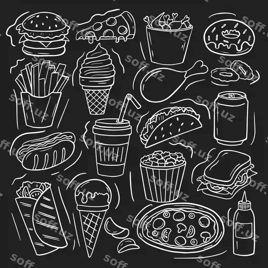 Qo'l bilan chizilgan fast food chizmalar to'plami | Set hand drawn fast food doodle