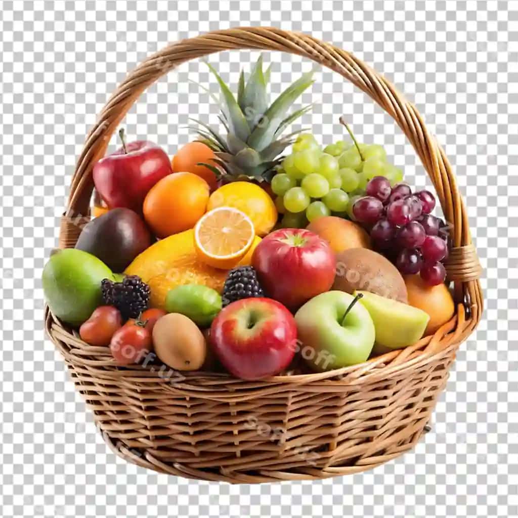 Sog' taze aralash meva savati ajraltirilgan shaffof fonda | Healthy fresh mix fruit basket isolated transparent background
