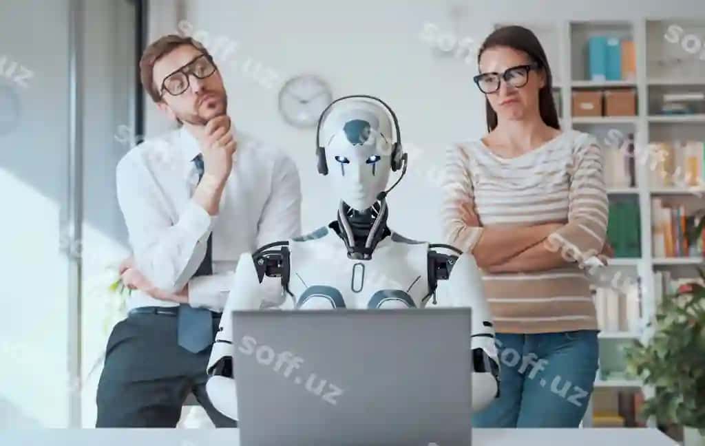 Kompaniya xodimlari robot ishlarini nazorat qiluvchi. | Business people supervising robot work