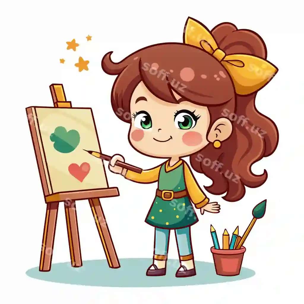 Kichik qiz rasm chizish stoykasi karyakatur vektor klibarti | Little girl painting easel cartoon vector clipart