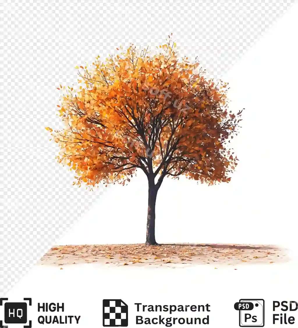 Apelsin barglari bo'lgan bitta daraxt oq fonda baland | Single tree with orange leaves stands tall against white background