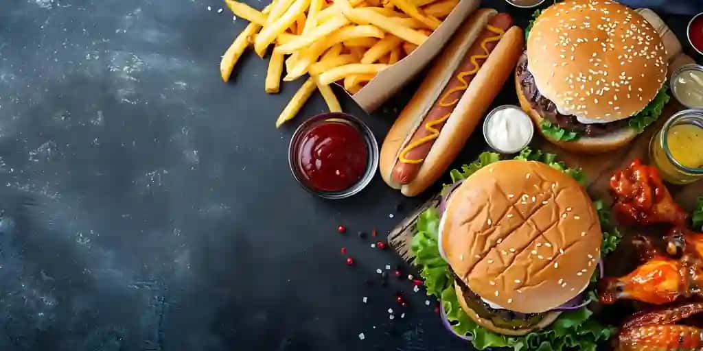 Amerika fastfudlari hot-dog gamburger kartoshkasini quvontiradi Buffalo qanotlari tushunchasi hot-dog gamburger fri fri buffalo qanotlari tez ovqat | American fast food delights hot dog hamburger fries buffalo wings concept hot dogs hamburgers french fries buffalo wings fast food