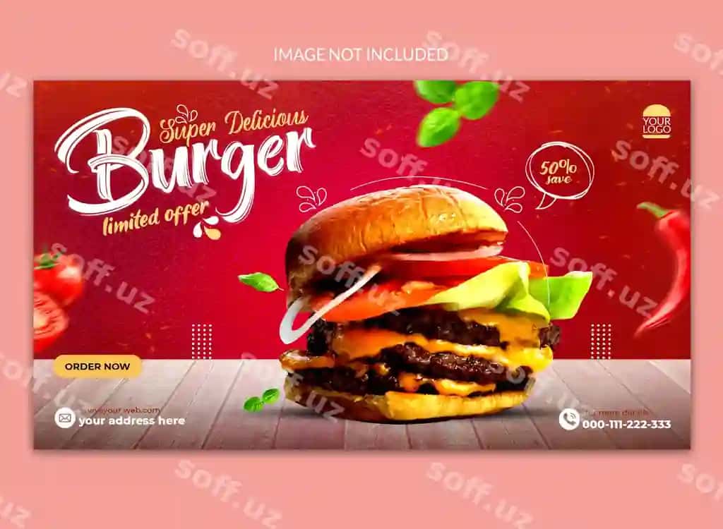 Juda mazali burger Ijtimoiy tarmoqlar veb-shabloni | Super delicious burger social media web template