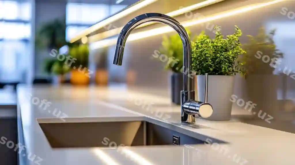 Zamonaviy oshxona chiqindiq yuqori texnologiyali mushta integratsiya qilingan sova dispenseri stilli chiziq nufuzli oshxona sozlamasi | Contemporary kitchen sink with hightech faucet integrated soap dispenser stylish countertop elegant kitchen setting