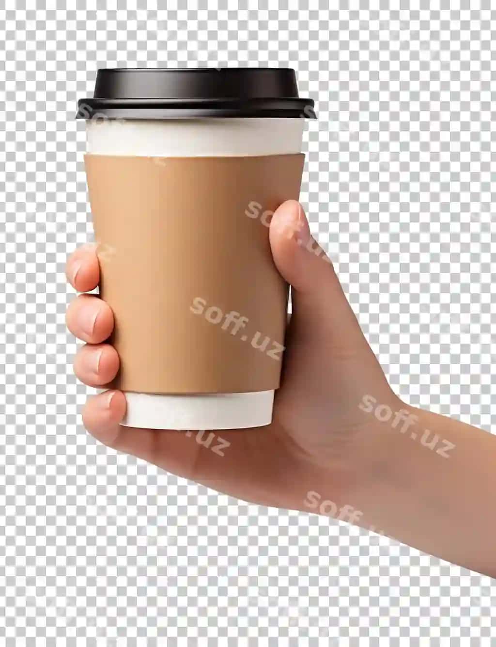 Qozonatilgan shaffof fonda joylashgan qo'l bilan paper kofe stakichi mockupi | Hand holding paper coffee cup mockup isolated transparent background