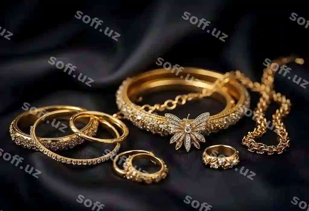Oltin ziravorat uzumlar, bangles, halqalarr qora fonda hiper realistik | Gold jewellery rings bangles necklaces black background hyper realistic