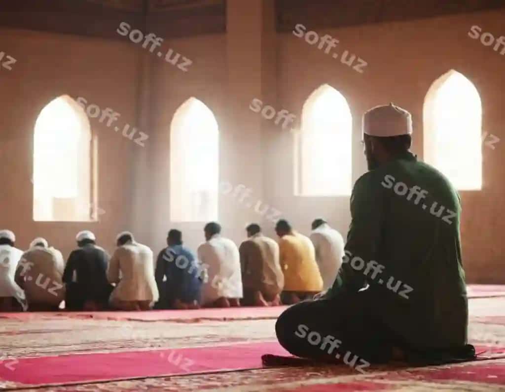 Turban kiygan erkaklar guruhining a'zolari masjidda namoz oqimoqda. | Group men turbans are praying mosque