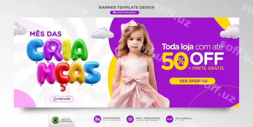 Bolalar oyi aksiyalari baner shabloni Braziliya portugali marketing | Children s month offers banner template brazilian portuguese marketing