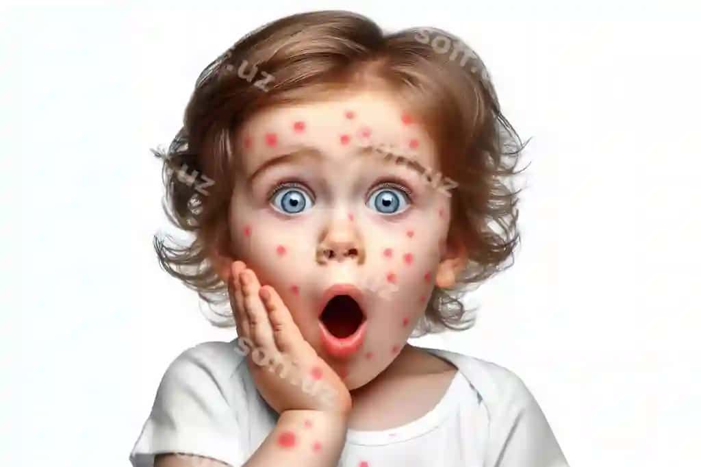 Shocklangan bola yuzida allergik nuqtalar ajraltirilgan oq fonda | Surprised child with allergic spots face isolated white background