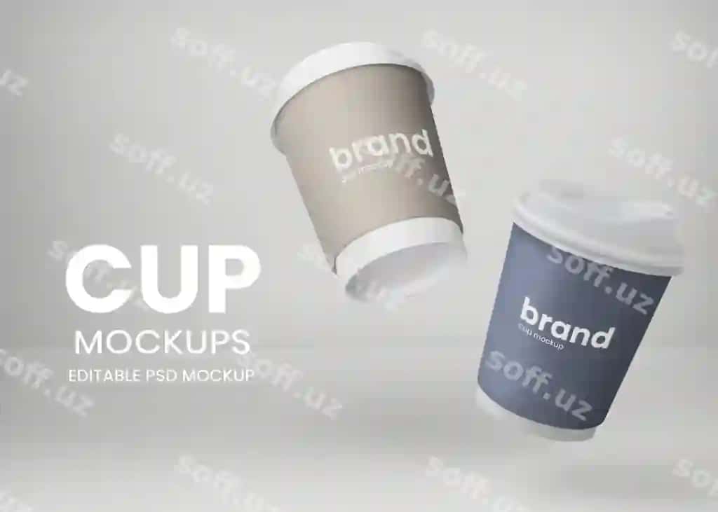 Suziladigan qog'ozlik stakanchiklar PSD namuna kofe magazinidan o'tkazib olish | Floating paper cups mockup psd coffee shop takeaway