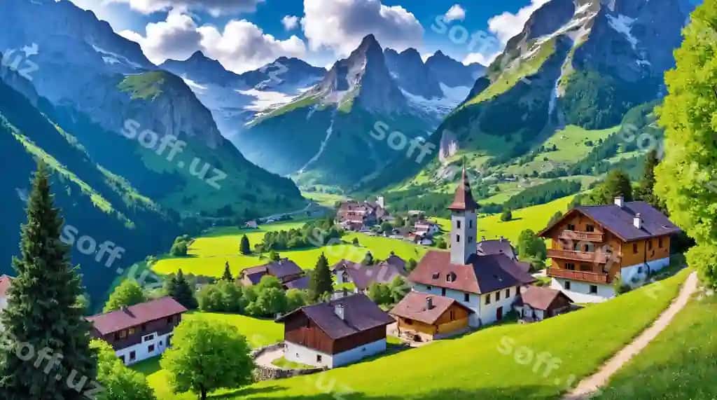Chiroyli qishlaq shuhratli to'g'ri to'pqa joylashgan | Charming village nestled majestic mountain valley
