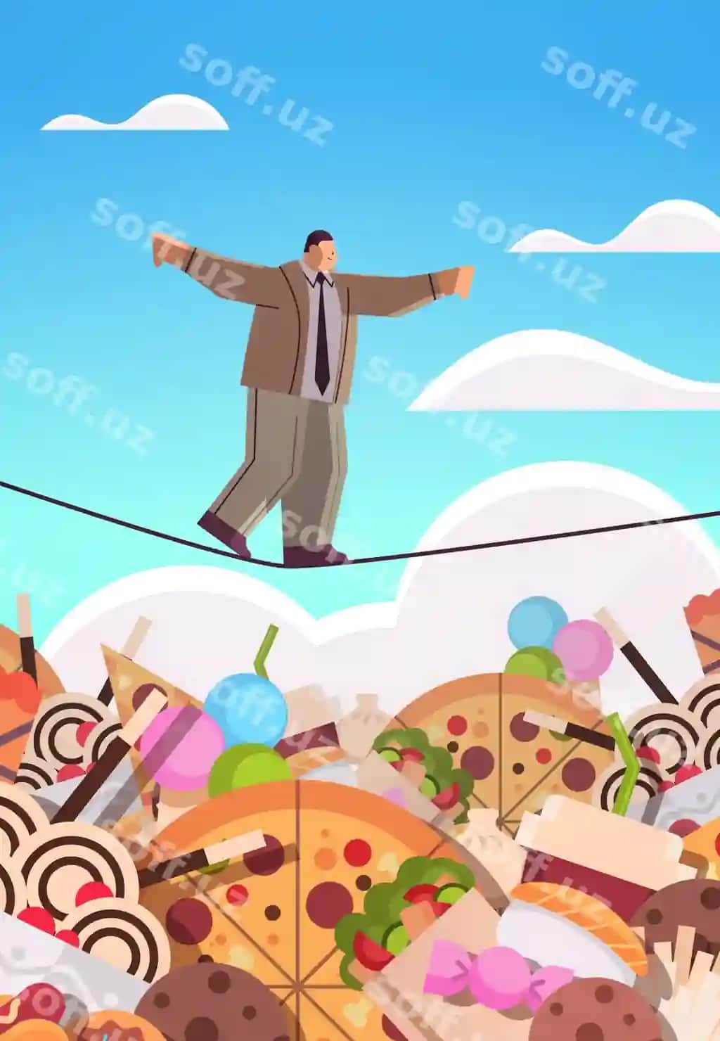 Bizznesmen balans ip zardari ovqat tanlovi tezkor ovqat no'saqlanmagan | Businessman balancing rope junk food assortment fast food unhealthy