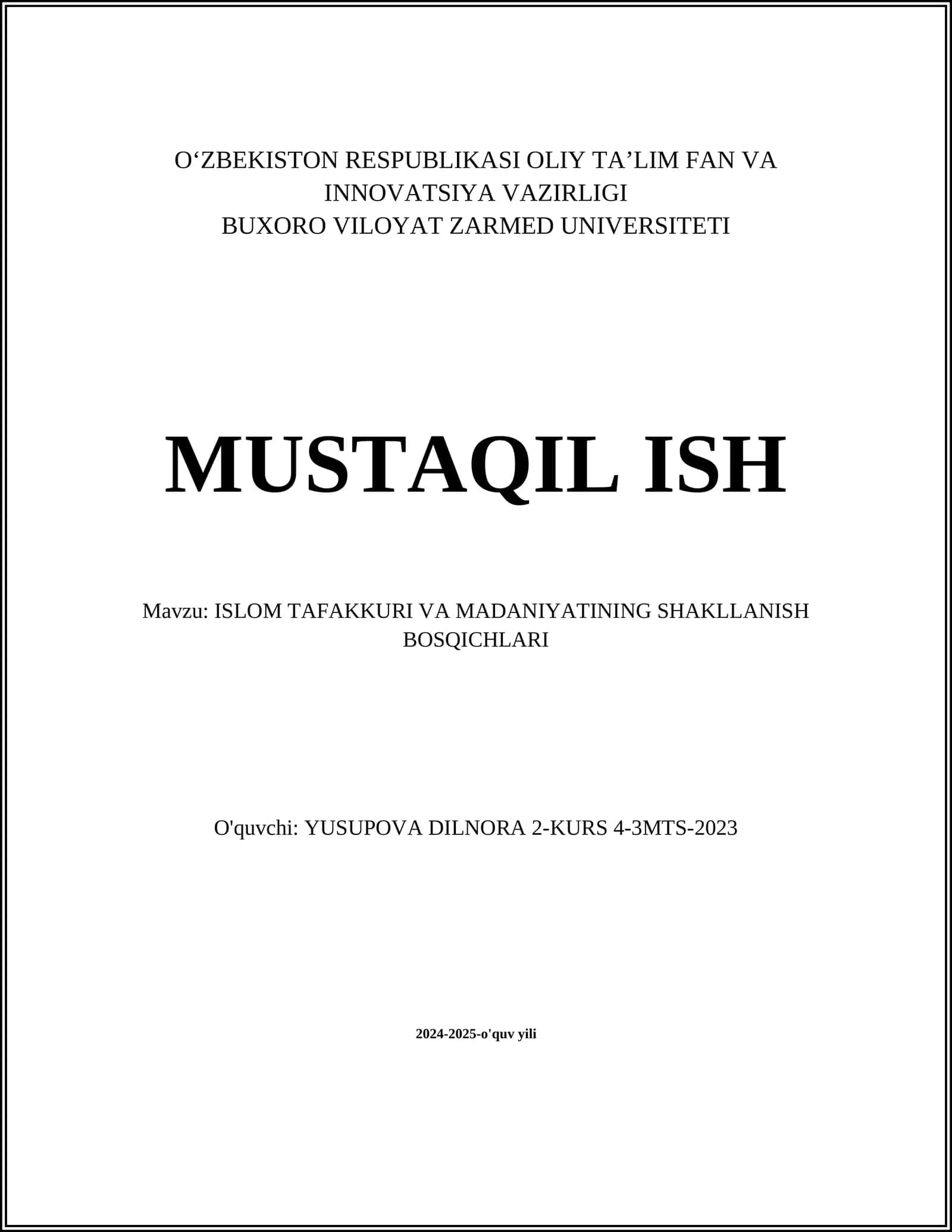 ISLOM TAFAKKURI VA MADANIYATINING SHAKLLANISH BOSQICHLARI