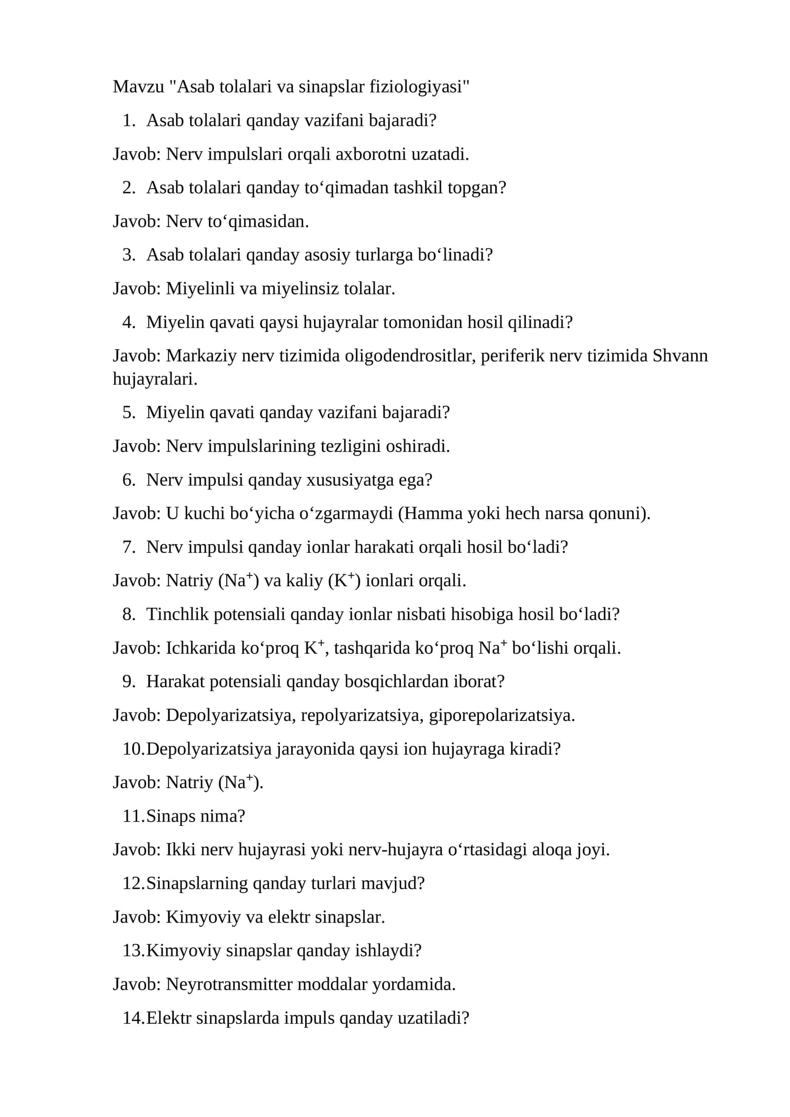 Asab tolalari va sinapslar fiziologiyasi