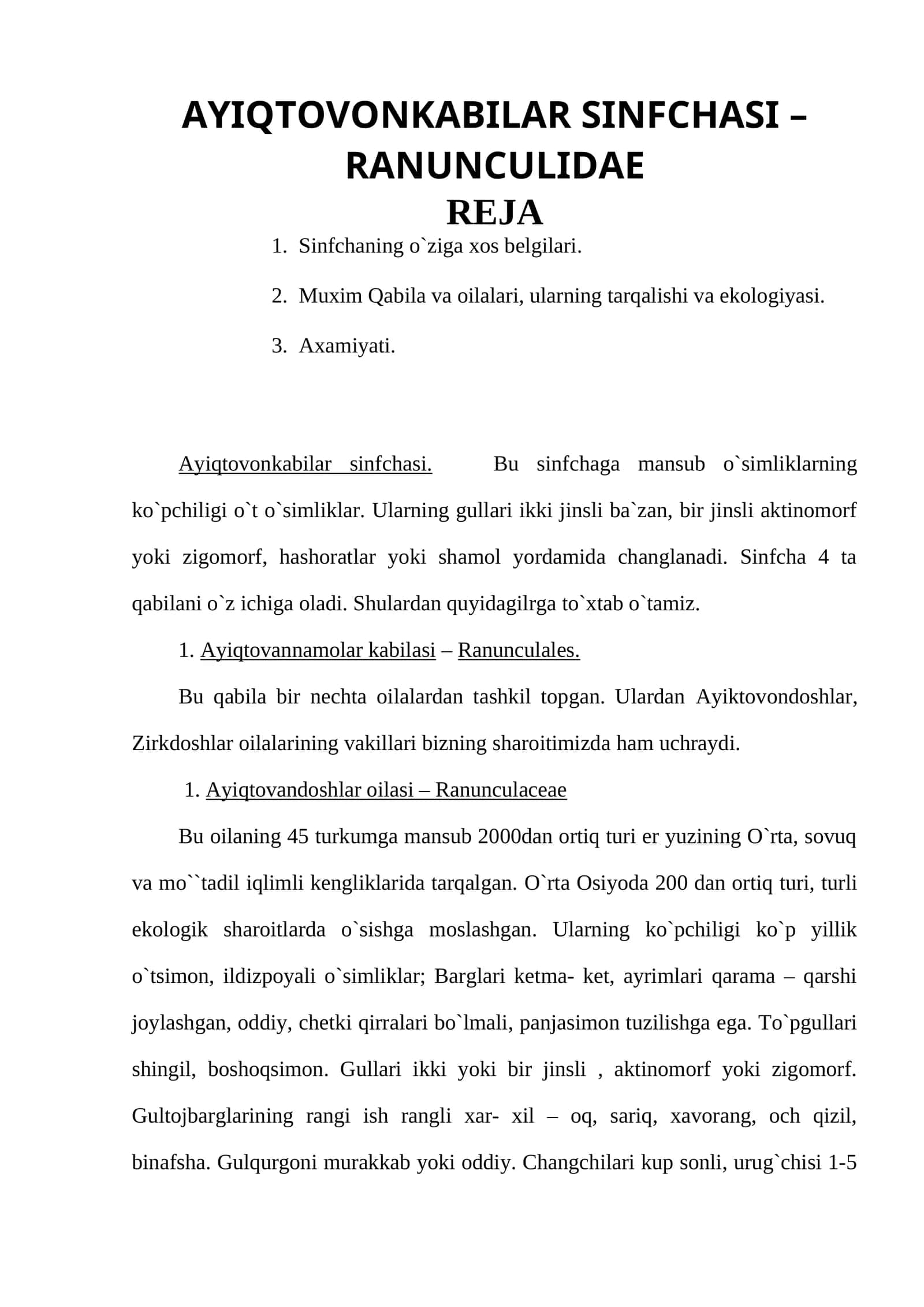 Ayiqtovonkabilar sinfchasi – Ranunculidae