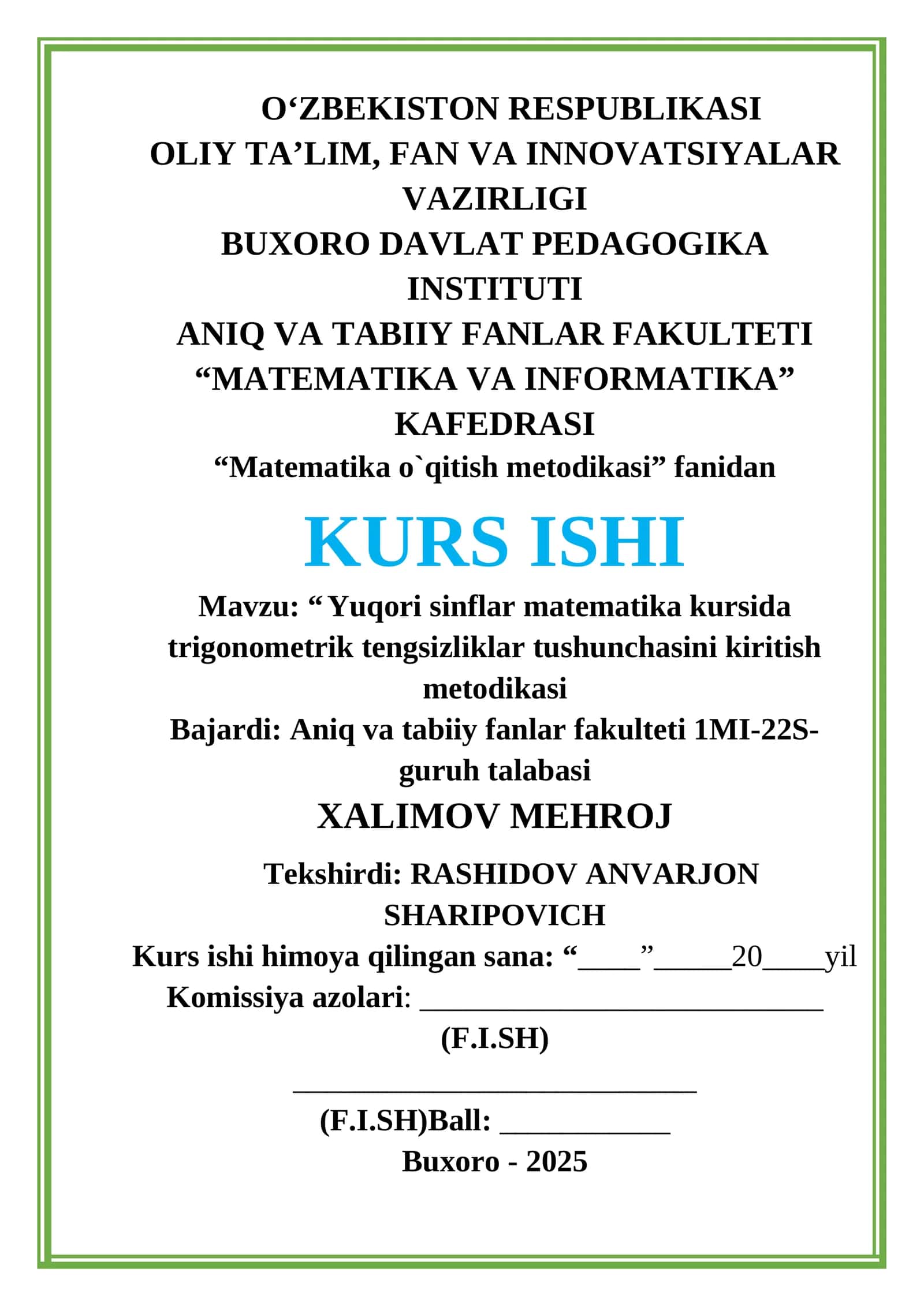 Yuqori sinflar matematika kursida trigonometrik tengsizliklar tushunchasini kiritish metodikasi