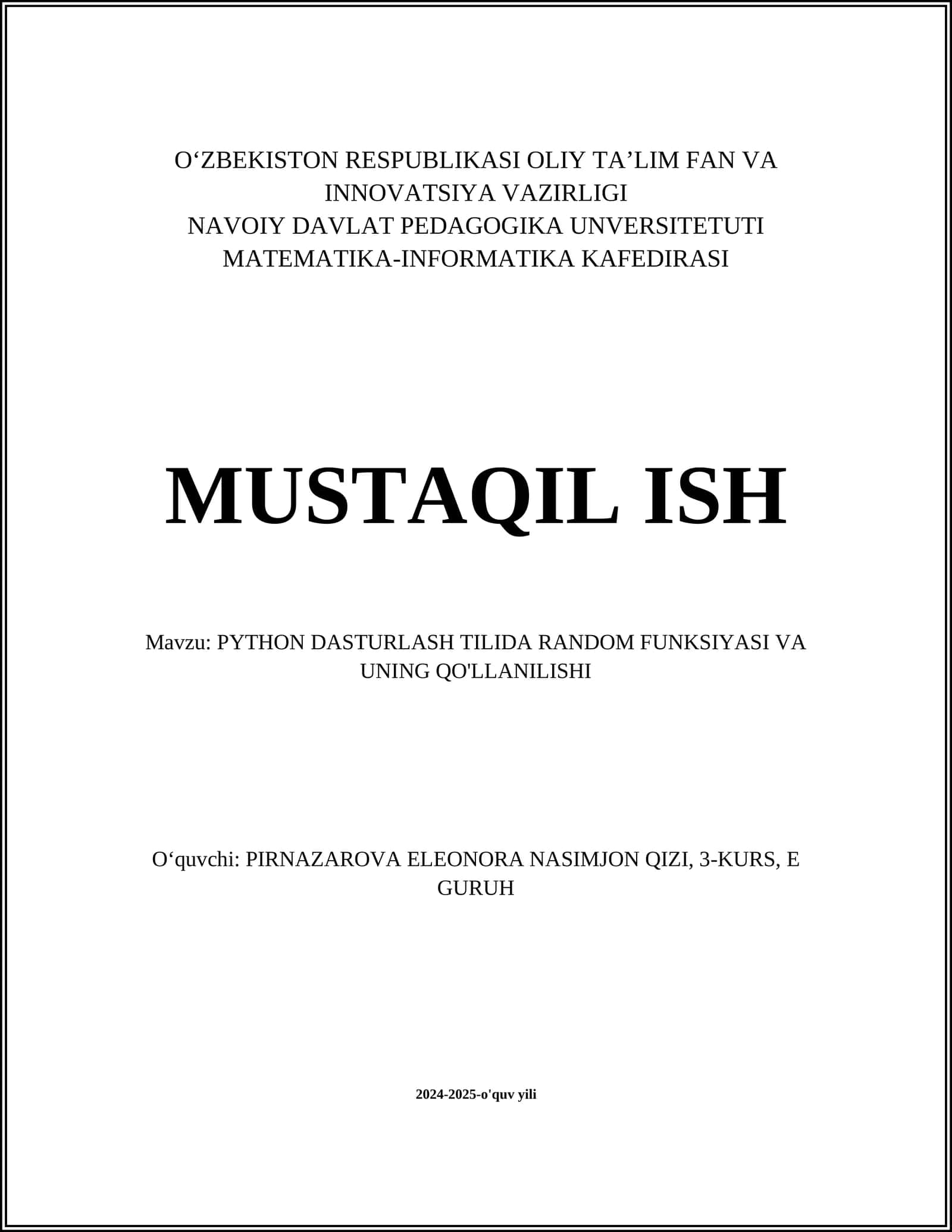 PYTHON DASTURLASH TILIDA RANDOM FUNKSIYASI VA UNING QO'LLANILISHI