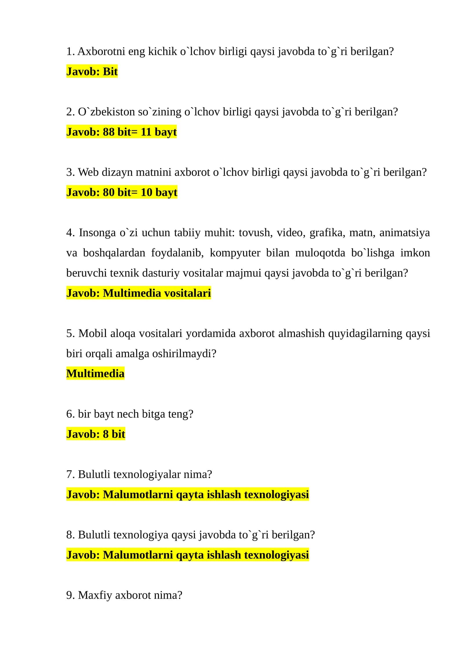 Kompyuter savodxonligi argos savol javoblari akt