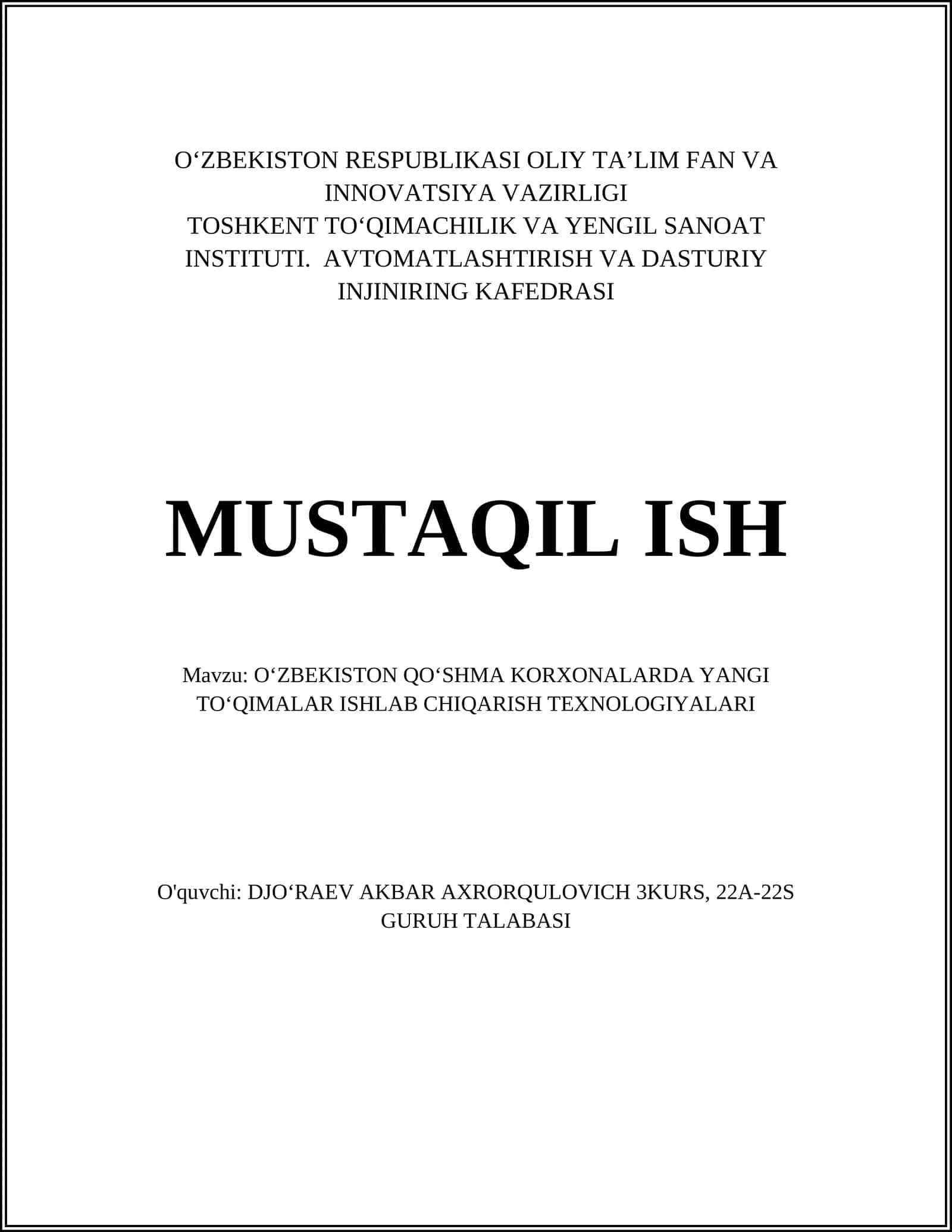 O'ZBEKISTON QO'SHMA KORXONALARDA YANGI TO'QIMALAR ISHLAB CHIQARISH TEXNOLOGIYALARI