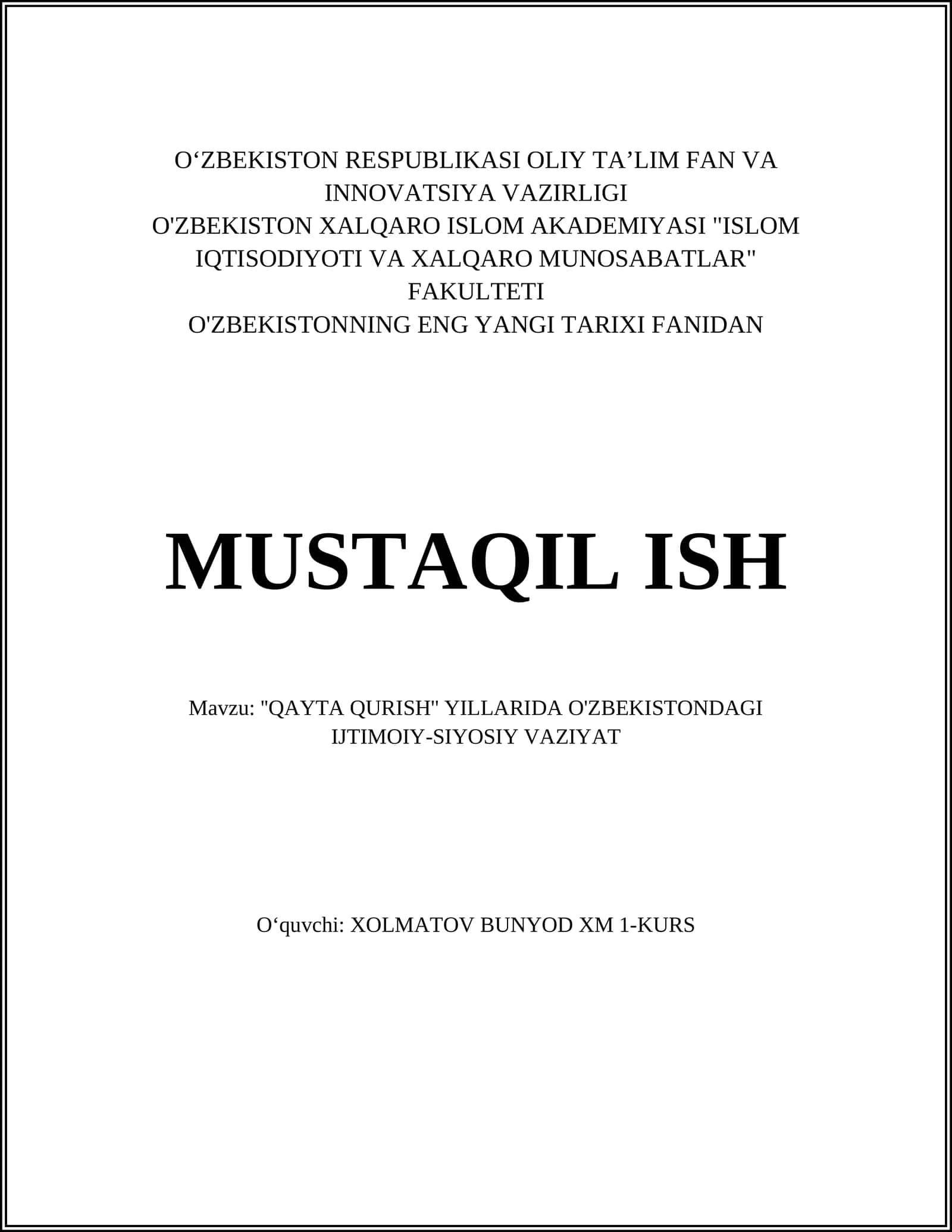 ''QAYTA QURISH'' YILLARIDA O'ZBEKISTONDAGI IJTIMOIY-SIYOSIY VAZIYAT