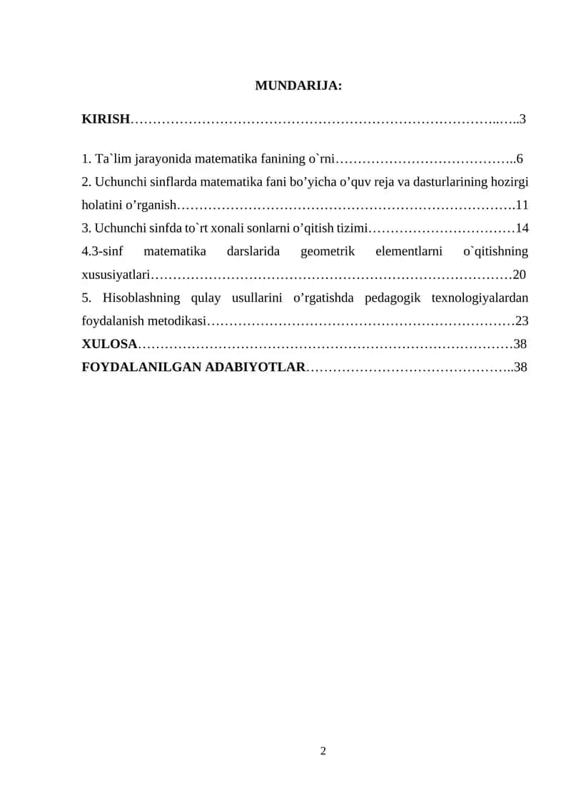 Matematika fanining o'qitish metodikasi