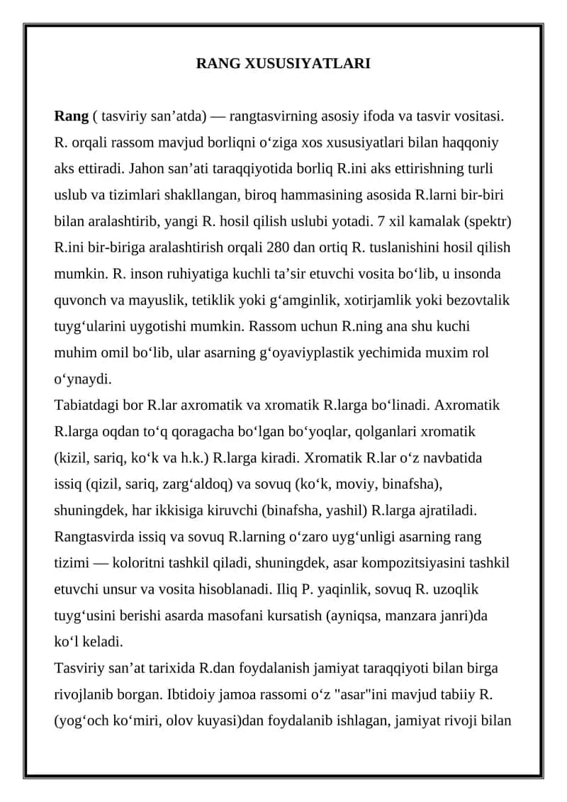 RANG XUSUSIYATLARI