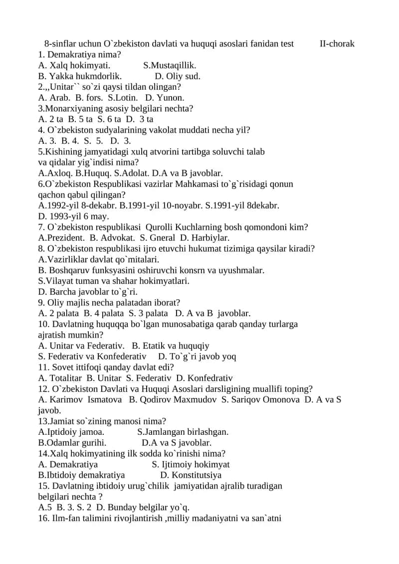 O`zbekiston davlati va huquqi asoslari fanidan test II-chorak