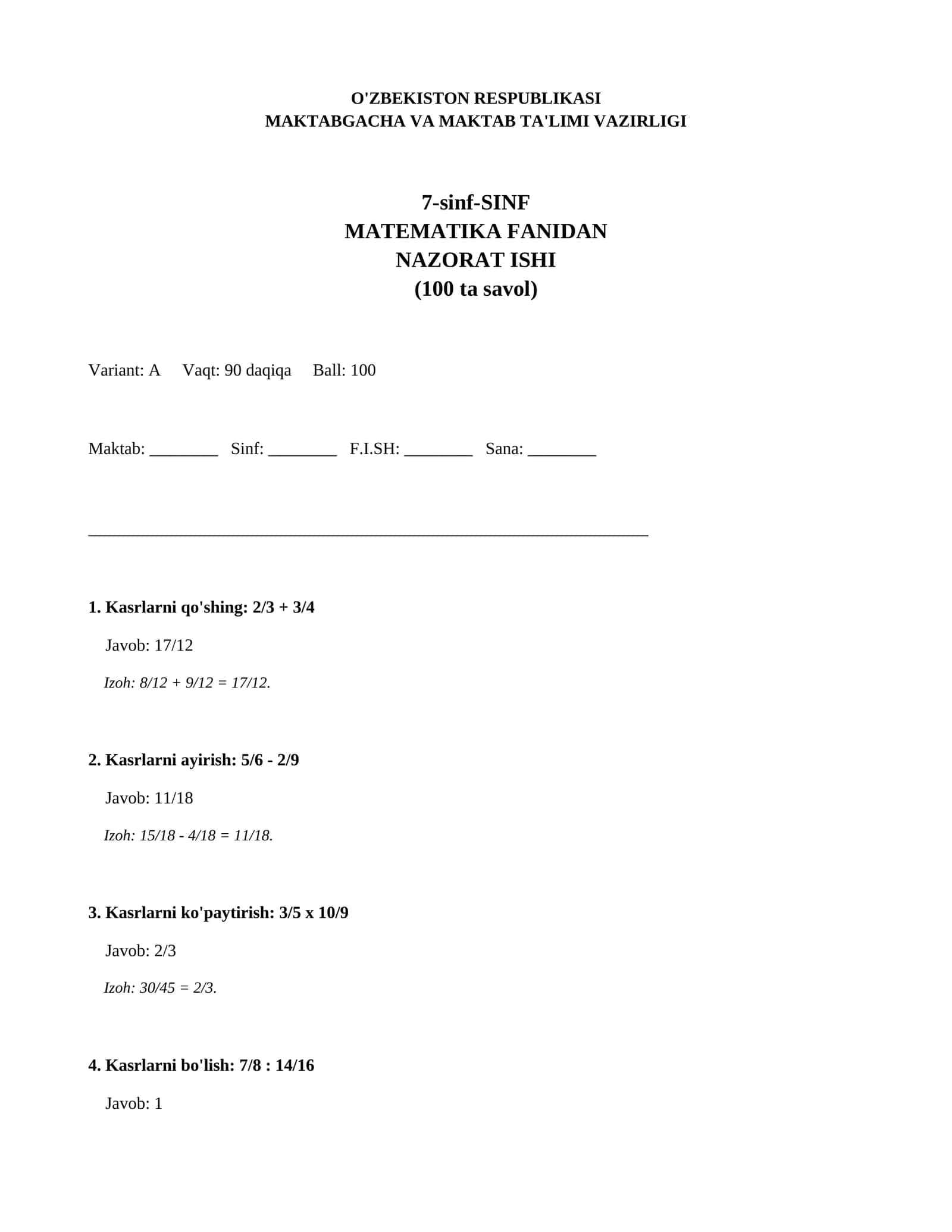 7-sinf-SINF MATEMATIKA FANIDAN NAZORAT ISHI (100 ta savol)