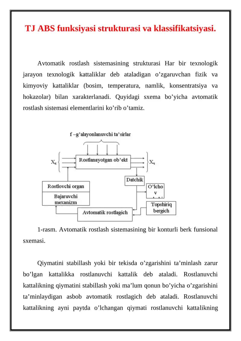 Avtomatik rostlash sistemasining strukturasi va klassifikatsiyasi
