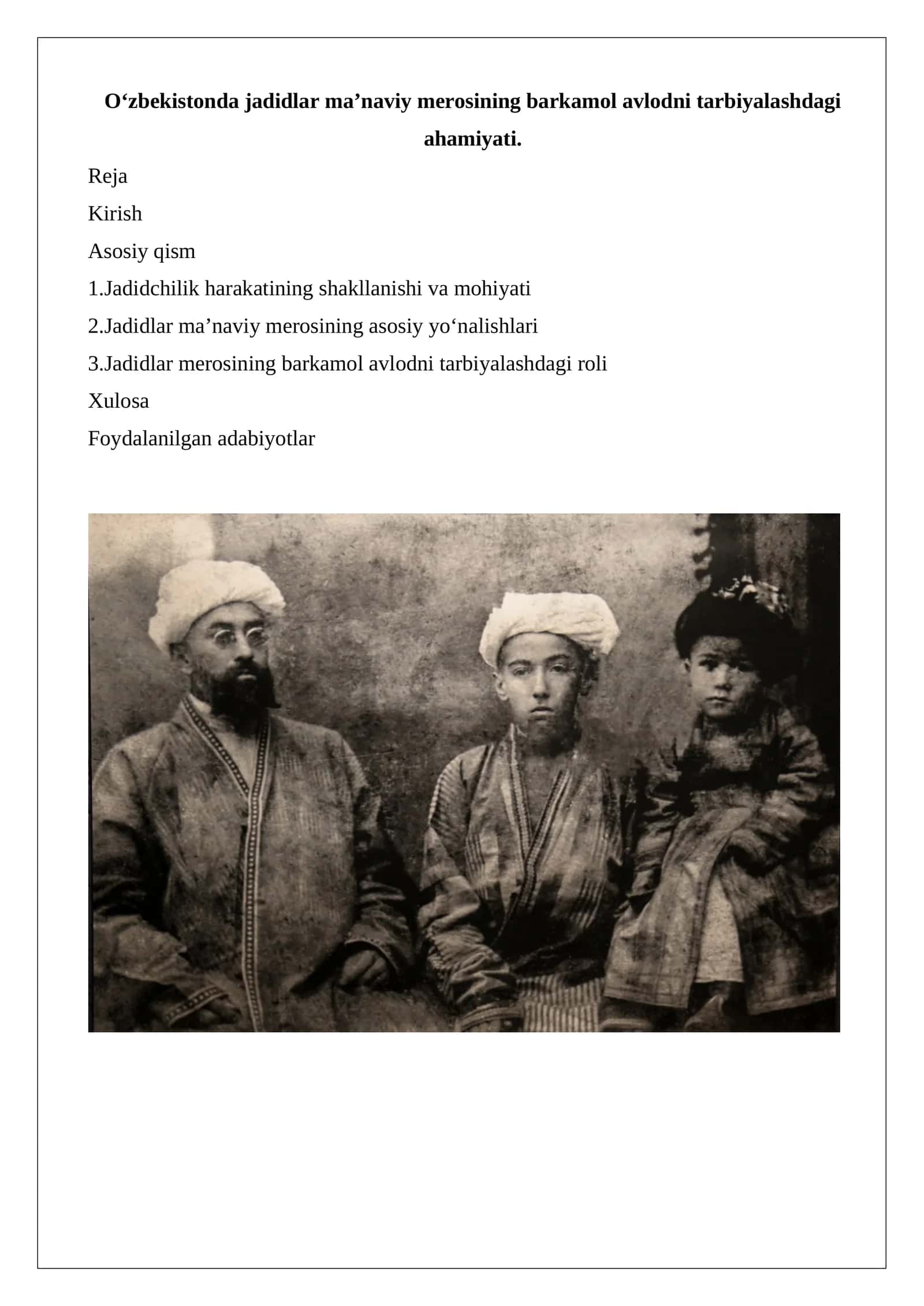 O‘zbekistonda jadidlar ma’naviy merosining barkamol avlodni tarbiyalashdagi ahamiy