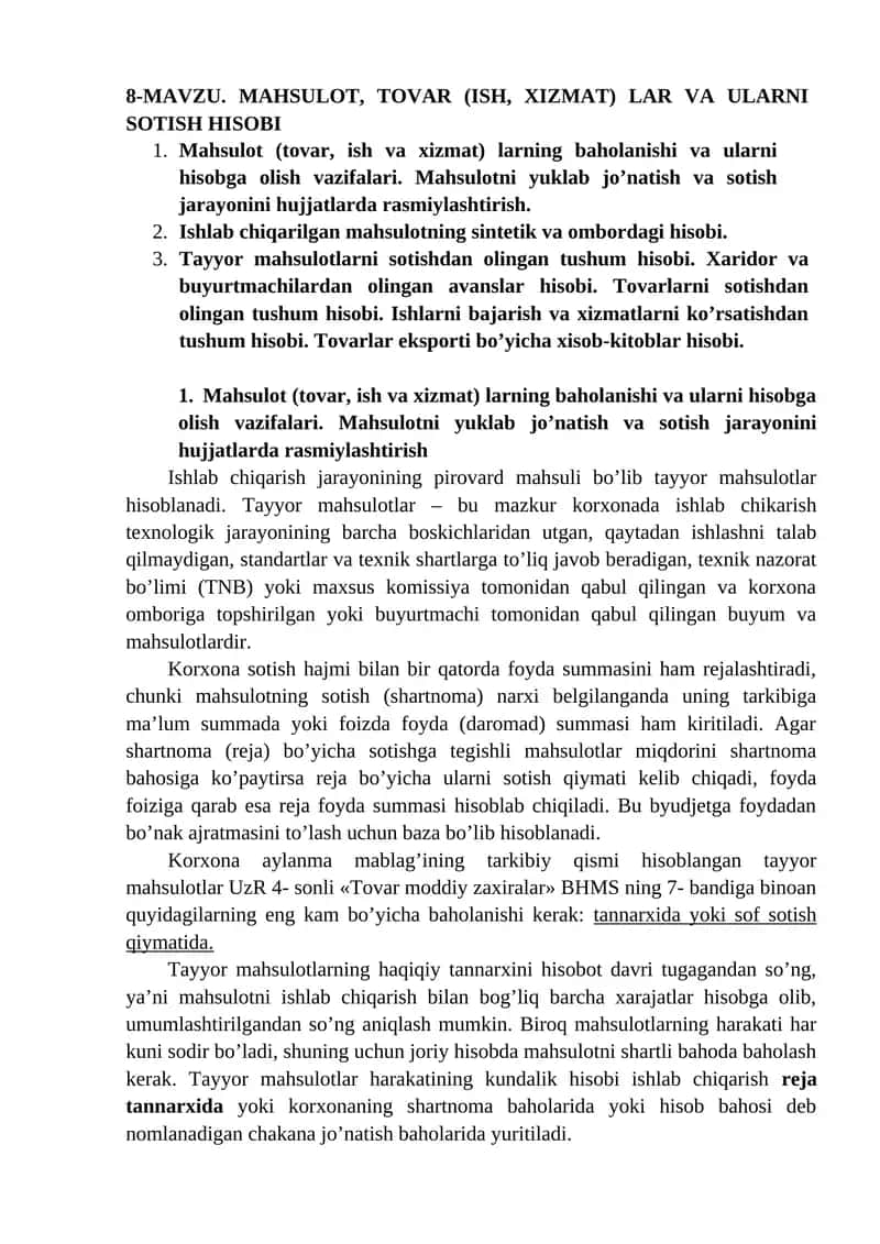 Mahsulot, Tovar (Ish, Xizmat)lar va Ularni Sotish Hisobi