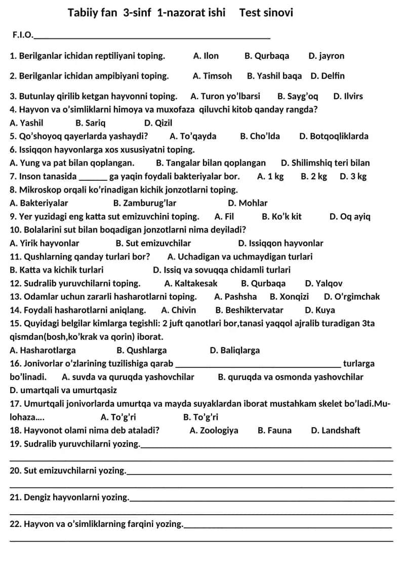 Tabiiy fan 3-sinf 1-nazorat ishi Test sinovi