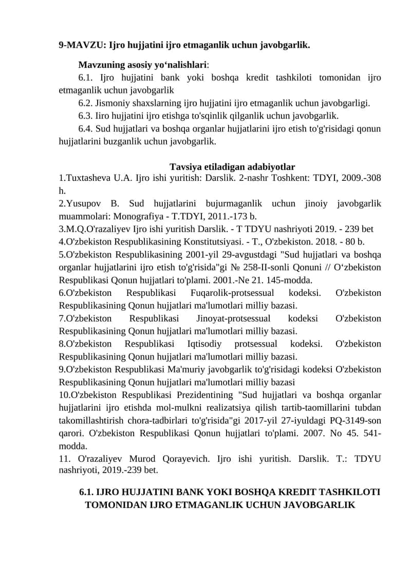 Ijro hujjatini ijro etmaganlik uchun javobgarlik