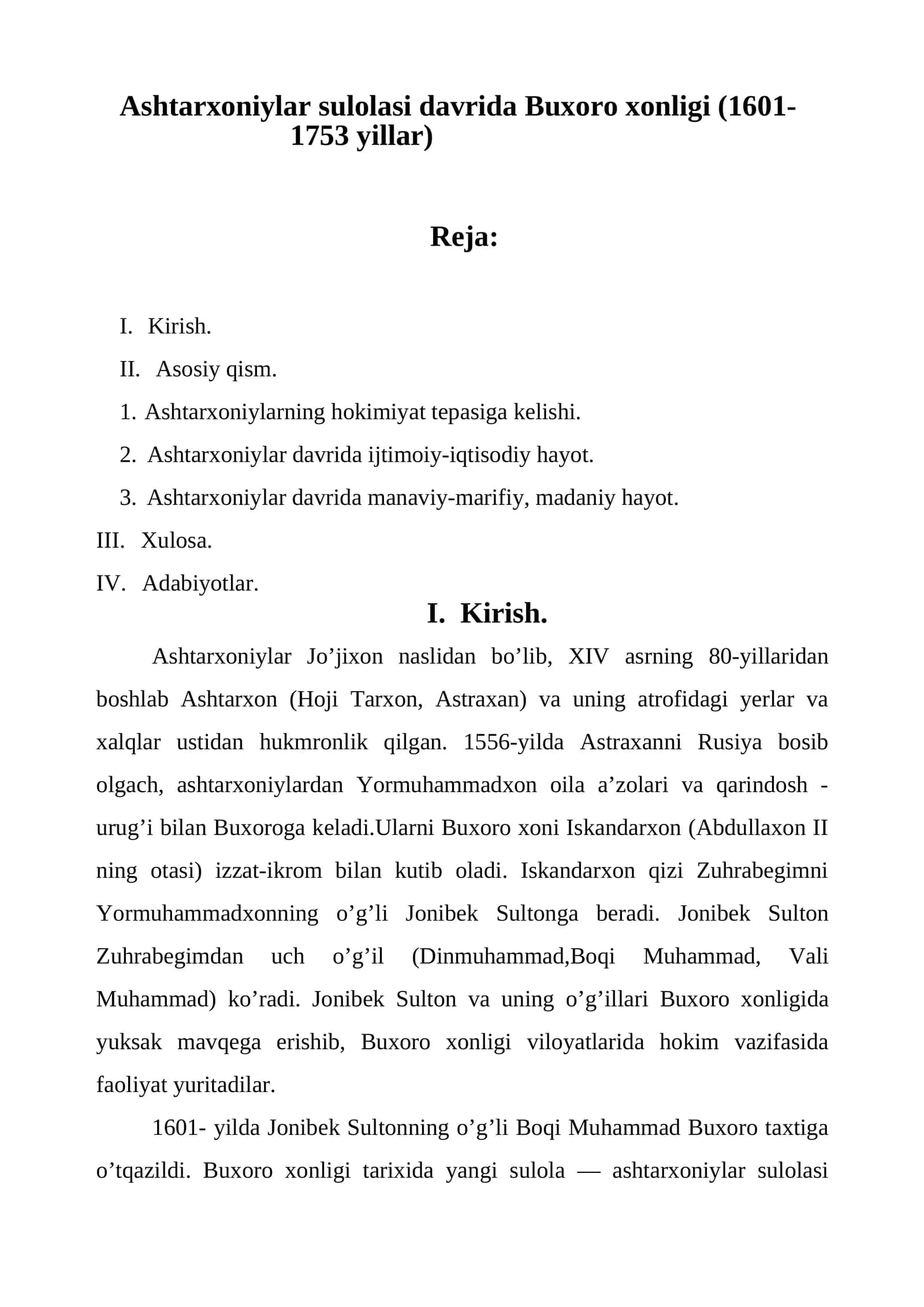 Ashtarxoniylar sulolasi davrida Buxoro xonligi (1601-1753 yillar)