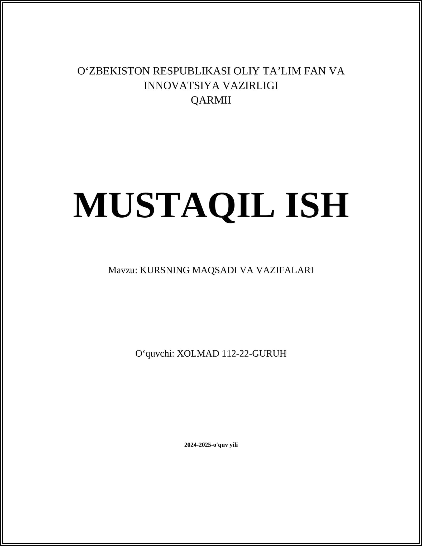 KURSNING MAQSADI VA VAZIFALARI