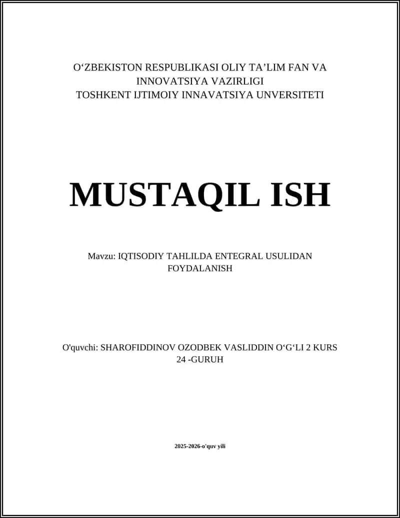 IQTISODIY TAHLILDA ENTEGRAL USULIDAN FOYDALANISH