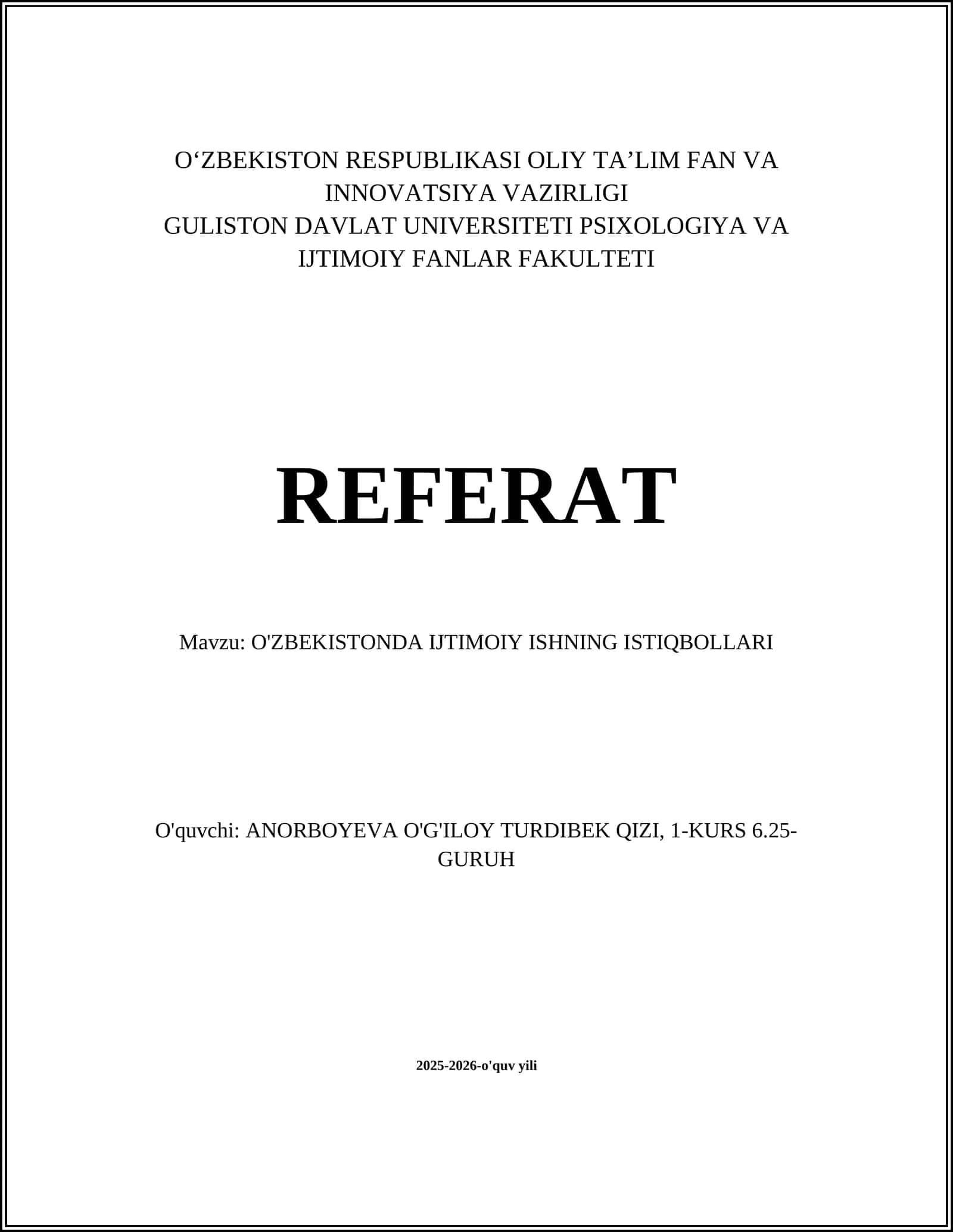 O'ZBEKISTONDA IJTIMOIY ISHNING ISTIQBOLLARI