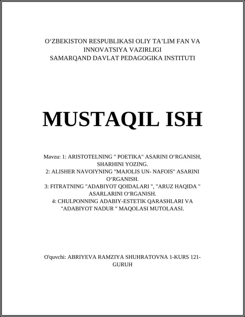 ARISTOTELNING " POETIKA" ASARI