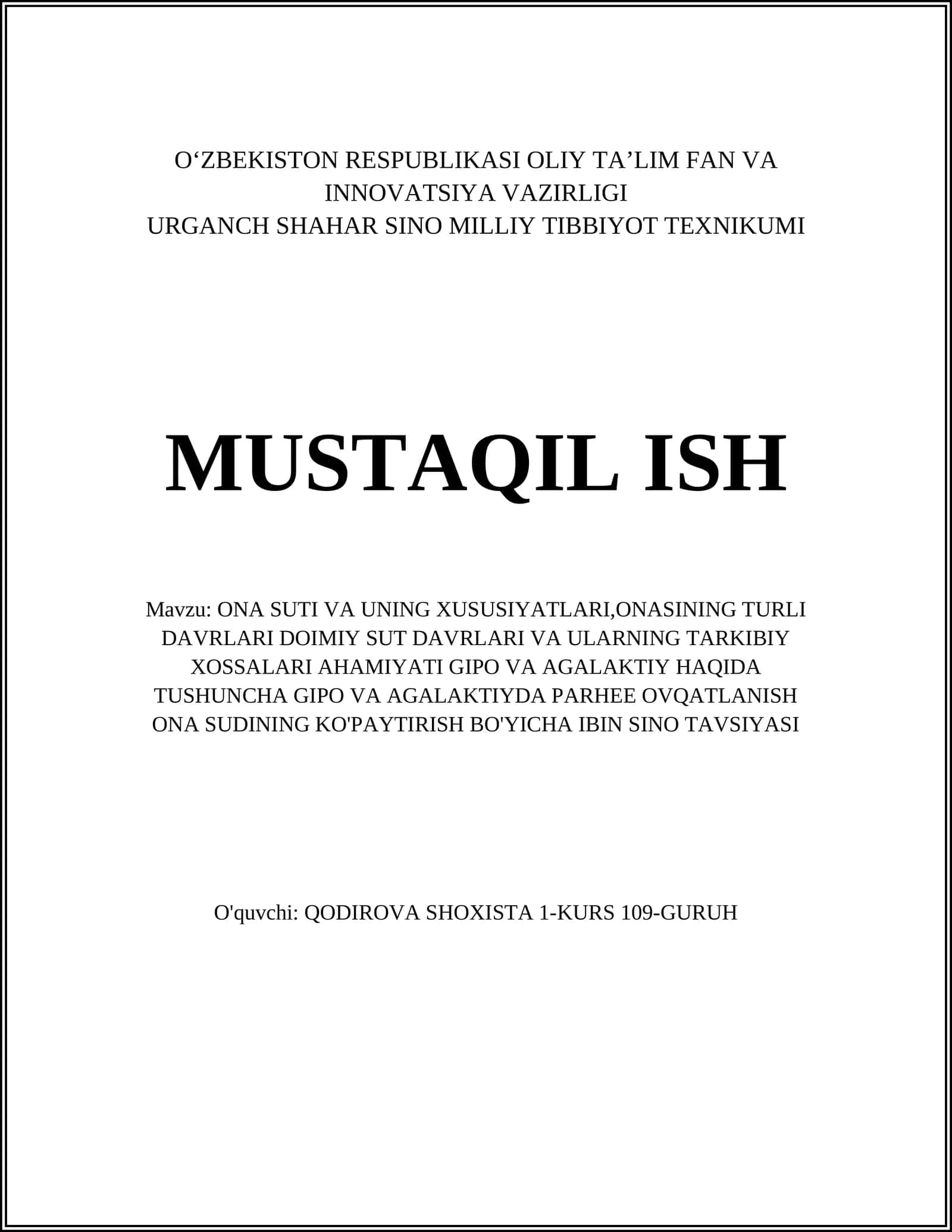 ONA SUTI VA UNING XUSUSIYATLARI,ONASINING TURLI DAVRLARI DOIMIY SUT DAVRLARI VA ULARNING TARKIBIY XOSSALARI AHAMIYATI GIPO VA AGALAKTIY HAQIDA TUSHUNCHA GIPO VA AGALAKTIYDA PARHEE OVQATLANISH ONA SUDINING KO'PAYTIRISH BO'YICHA IBIN SINO TAVSIYASI