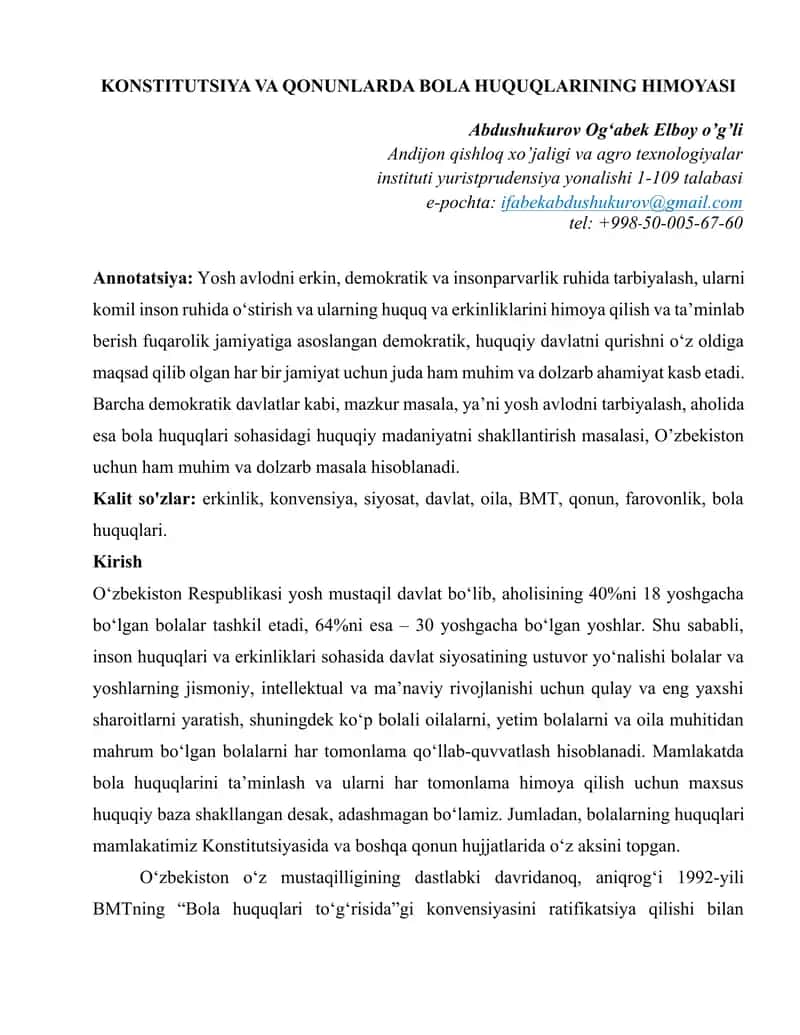KONSTITUTSIYA VA QONUNLARDA BOLA HUQUQLARINING HIMOYASI
