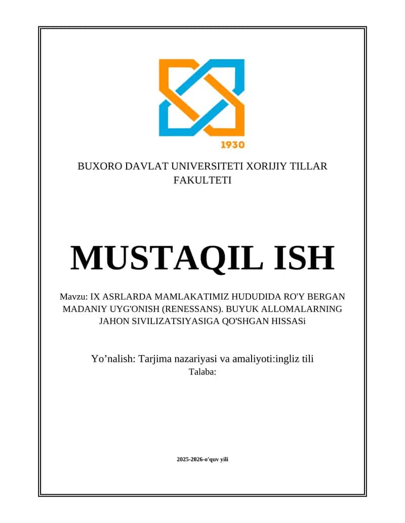IX ASRLARDA MAMLAKATIMIZ HUDUDIDA RO'Y BERGAN MADANIY UYG'ONISH (RENESSANS)