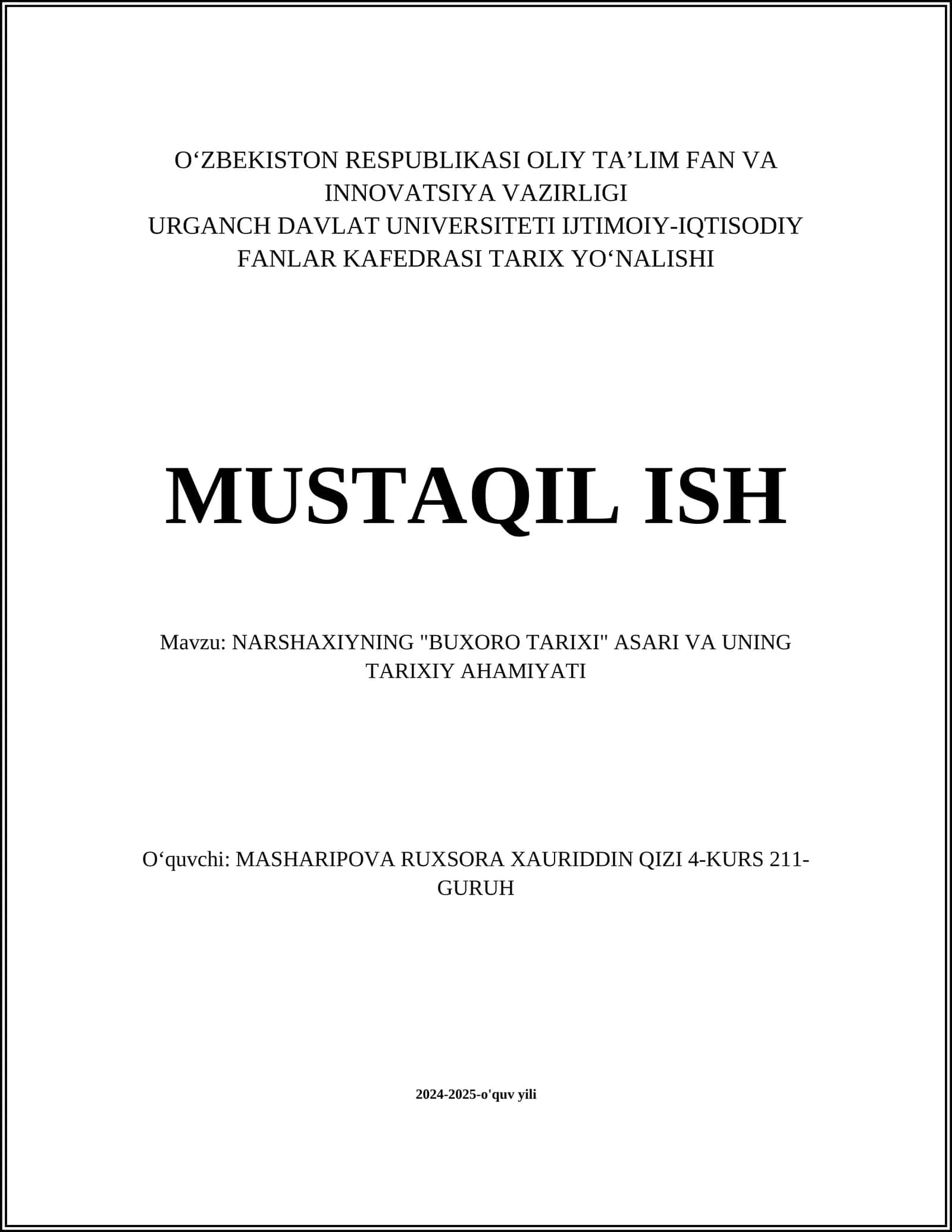 NARSHAXIYNING "BUXORO TARIXI" ASARI VA UNING TARIXIY AHAMIYATI