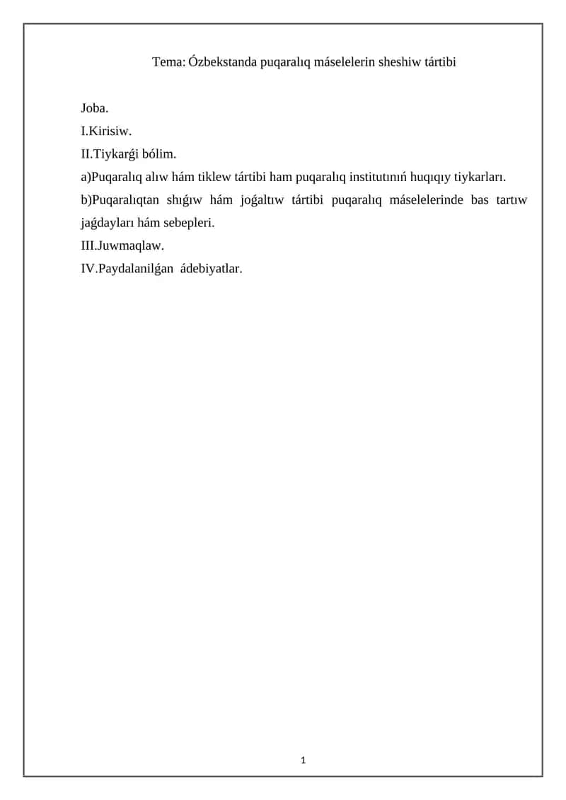 Puqaralıq máselelerin sheshiw tártibi