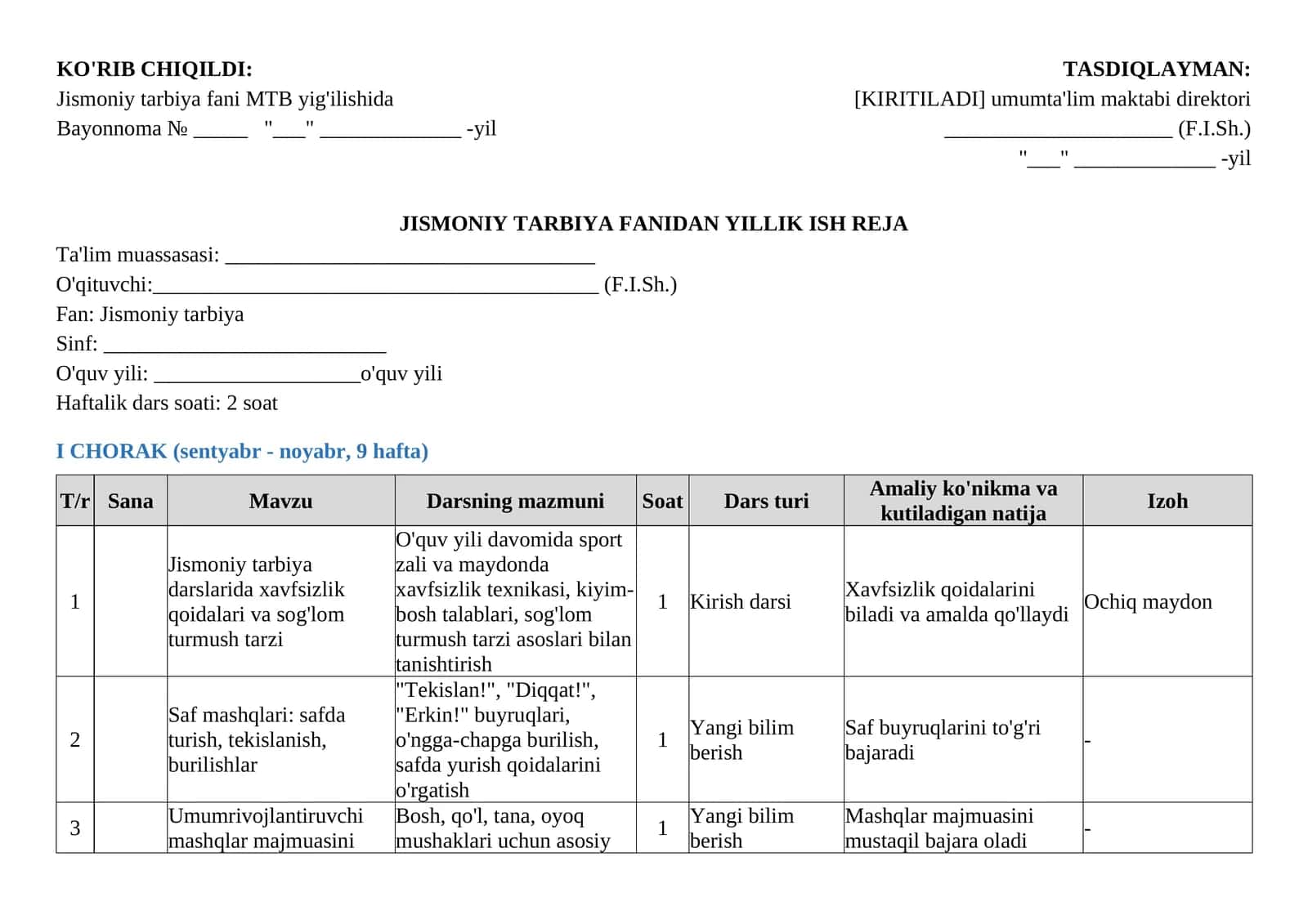 Jismoniy tarbiya fanidan yillik ish reja namunasi       Jismoniy tarbiya yillik ish reja