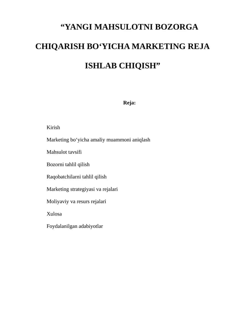 YANGI MAHSULOTNI BOZORGA CHIQARISH BO‘YICHA MARKETING REJA ISHLAB CHIQISH