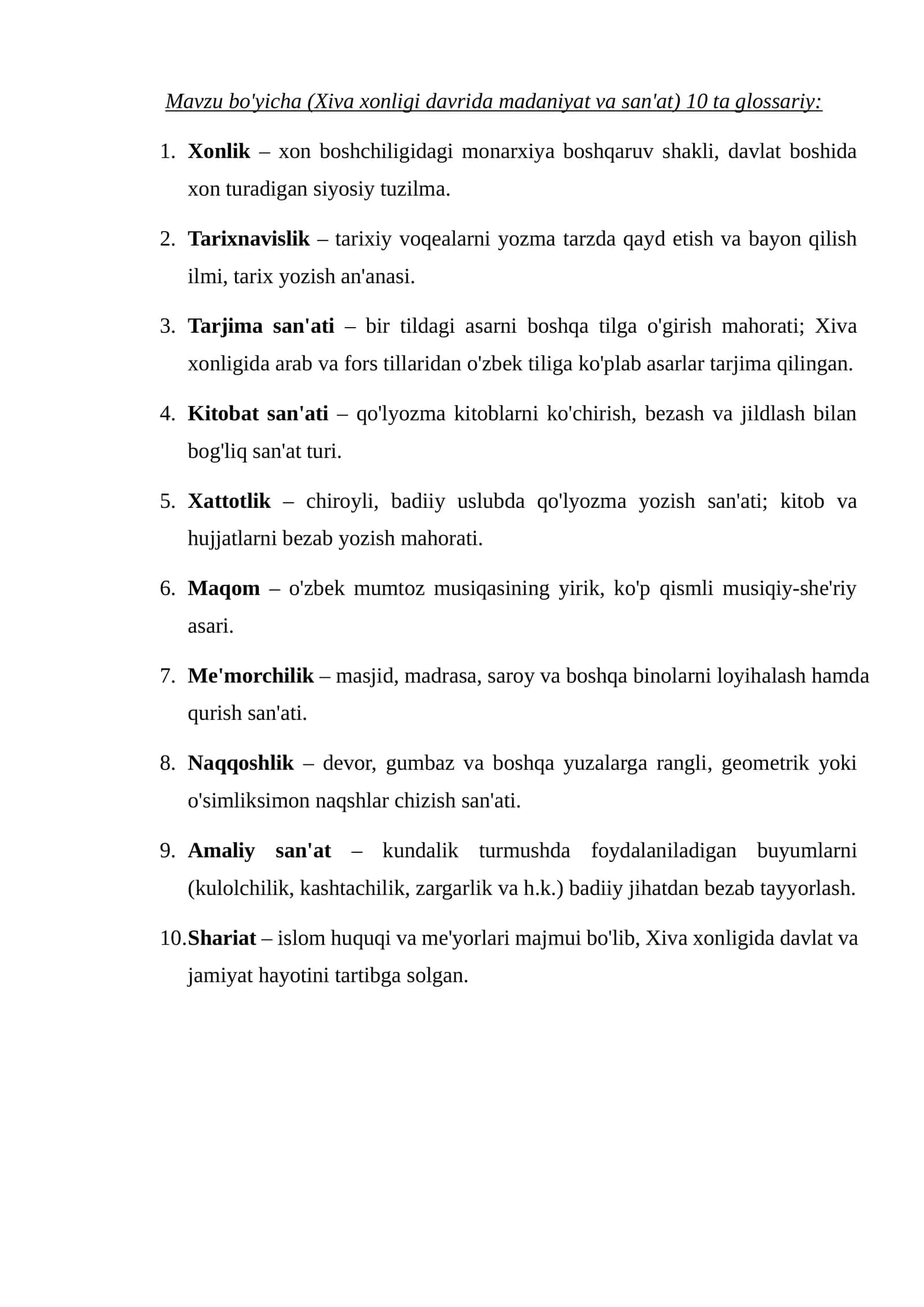 Xiva xonligi davrida madaniyat va san'at glossariyasi
