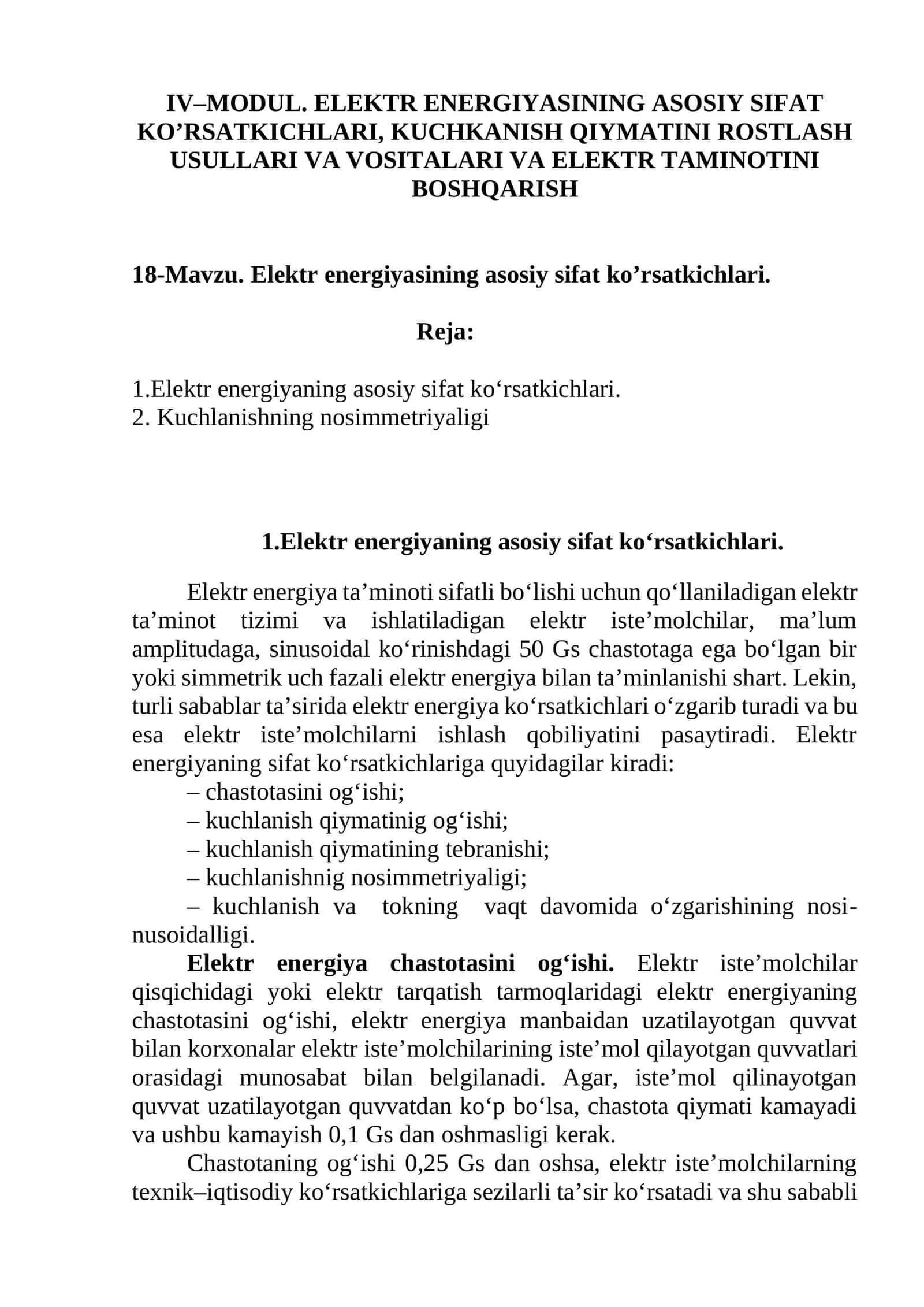 18-Mavzu. Elektr energiyasining asosiy sifat ko’rsatkichlari